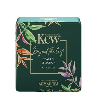 Royal Botanic Gardens, Kew x Ahmad Tea. Beautiful tin reads: Beyond the leaf Teabag selection. 4x10 teabags. A unique partnership with AHMAD TEA. LONDON.