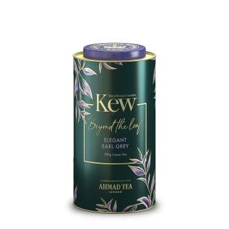 Royal Botanic Gardens, Kew x Ahmad Tea. 100g loose tea in beautiful tin. Reads: Beyond the leaf. Elegant Earl Grey. A unique partnership with AHMAD TEA. LONDON.