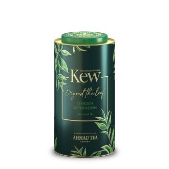 Royal Botanic Gardens, Kew x Ahmad Tea. 100g loose tea in beautiful tin. Reads: Beyond the leaf. Garden Afternoon. A unique partnership with AHMAD TEA. LONDON.