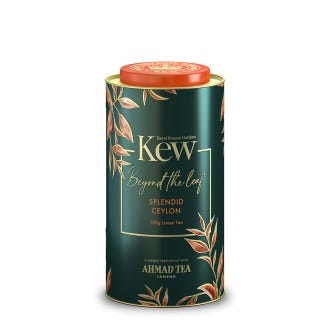 Royal Botanic Gardens, Kew x Ahmad Tea. 100g loose tea in beautiful tin. Reads: Splendid Ceylon. Garden Afternoon. A unique partnership with AHMAD TEA. LONDON.