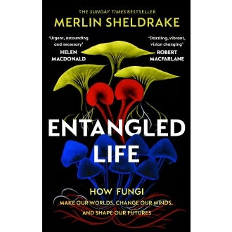 Front cover of the book, with black background and fungi in the forground
