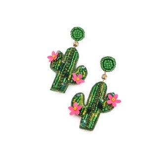 Green and Pink Cactus Beaded Earrings