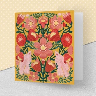 Herbarium Mustard Floral & Pink Birds Greeting Card
