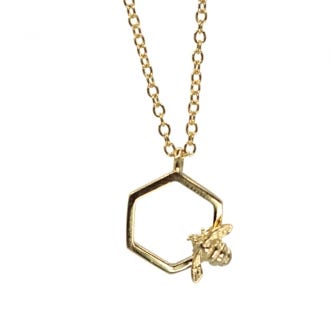 Hexagon Bumble Bee Pendant Necklace, Gold