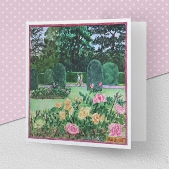 image of the greeting card illustrating the month of August at Kew Gardens, featuring the rose garden in the foreground.