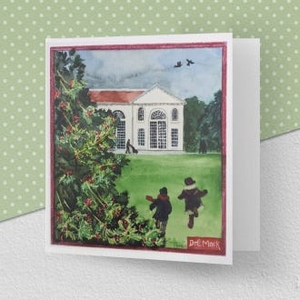 image of the greeting card illustrating the month of December at Kew Gardens, featuring and a holly tree in the foreground with two children running towards the Orangerie illustrated in the background.