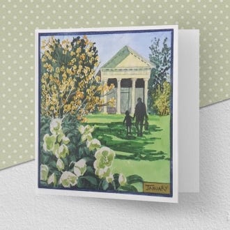 image of the greeting card illustrating the month of January at Kew Gardens, featuring the classical temple in the background and shrubs in flower in the foreground.