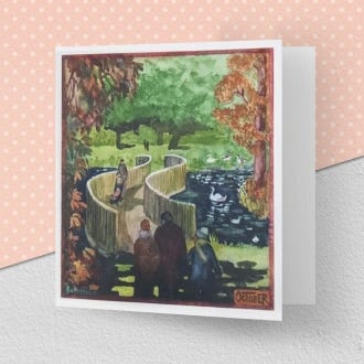 image of the greeting card illustrating the month of October at Kew Gardens, featuring the Sackler crossing bridge framed by autumnal trees.