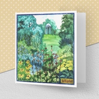 image of the greeting card illustrating the month of September at Kew Gardens, featuring the temple of Bellona in the background and shrubs and flowers in the foreground.