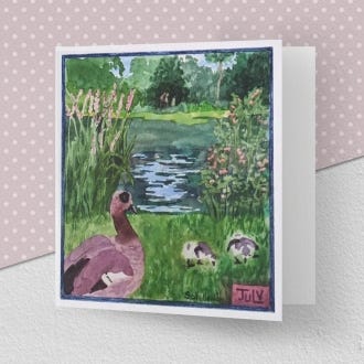image of the greeting card illustrating the month of July at Kew Gardens, featuring duck birds and the pond.