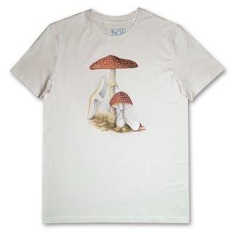 Fungi T-shirt, assorted sizes, with group of mushrooms printed on the front
