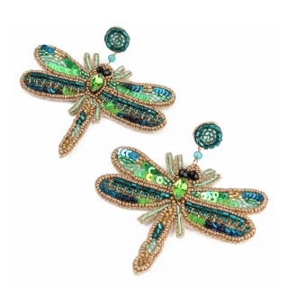 My Doris Beaded Dragonfly Earrings, Green & Teal