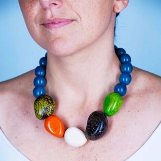 Organic Statement Necklace, Maceio Red and Blue, lifestyle image, from Pretty Pink