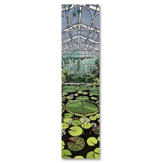 Front side of the bookmark featuring the waterlily house at Kew Gardens