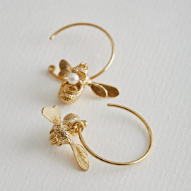 Flying Bee with Pearl Gold Plated Hoop Earrings