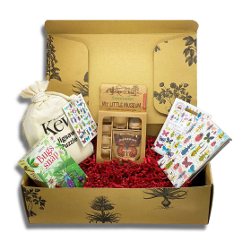 Kew Gardens gift box for children featuring a bug jigsaw in a canvas bag, ladybird flower seeds, a bug box, snap and a bug notebook. Box contains red shred and is pictured open with products inside.
