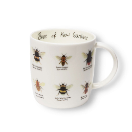 Light bees of Kew mug featuring 12 illustrated different bees that can be found at Kew. Inside top reads: Bees of Kew Gardens in printed handwriting.