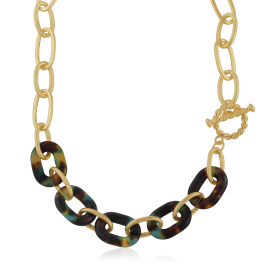 Gold twisted chain featuring five patterned brown combined with a subtle blue resin chain hoops.