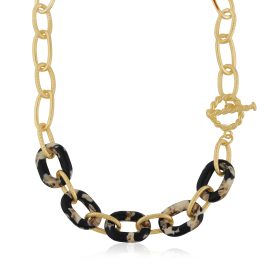 Gold twisted chain featuring five patterned beige, brown and black resin chain hoops.