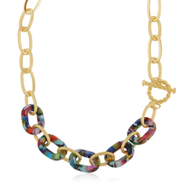 Gold twisted chain featuring five speckled multi-coloured resin chain hoops.