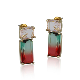 Hanging golden stud earrings with a deep red/green crystal stone hanging from a white one.