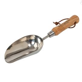 Image of the soil scoop with a wooden handle and steel scoop