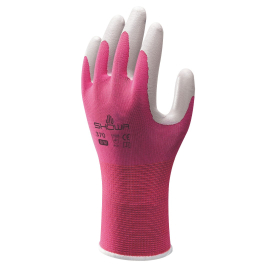 Image of the left gardening glove with the palm in white and the back in pink elasticated fabric