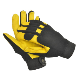 Image of the soft touch gardening gloves. Black with yellow palms and accents.