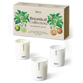 Aery Botanical Collection for mind, body and soul with three candles entitled: fig, citus and bonsai.