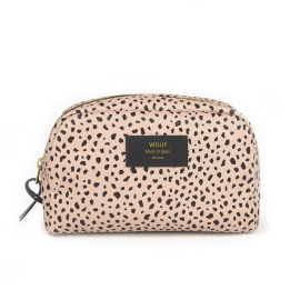 Light pink wide pouch with small, black cheater spots surrounding. In top center, black rectangular patch features logo stating: WOUF. Made in Spain.