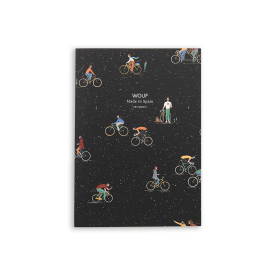 Black notebook featuring white speckles and illustrations of figures cycling or stood with bikes. In silver and top central, the text reads: WOOF. Made in Spain. MMVIII.