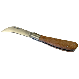 Image of the Folding Garden Knife with wooded handle and a stainless-steel blade. The knife is positioned horizontally on a white background
