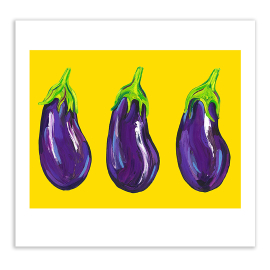 image of painted effect aubergines on yellow background 