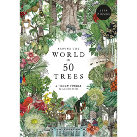 Image of the front cover of the box containing the jigsaw puzzle, featuring illustrations of trees, fruits and flowers from all around the world.