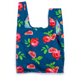 Pomegranate bag with blue background and an illustrated red pomegranate design.