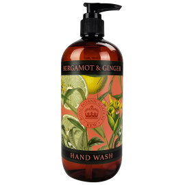 Image of the Bergamot and Ginger Hand Wash with a dark red/pink label and illustrations of bergamot and ginger.