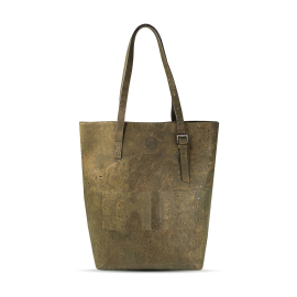 Front of khaki tote bag in 100% cork with black organic cotton lining and an adjustable to handle with buckle fastening. Printed branding on top center of bag.