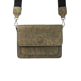 Front of khaki sustainable cross body cork bag featuring printed branded detail in center and two different detachable and interchangeable straps.