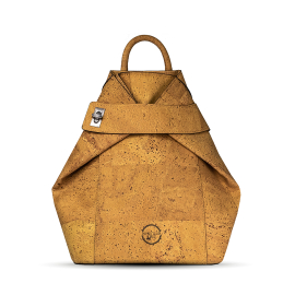 Front of tan backpack in 100% cork with black organic cotton lining and fold over corners with a tab detail and metal lock closure.