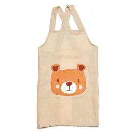 Front of light pink apron featuring cute bear design and adjustable straps.