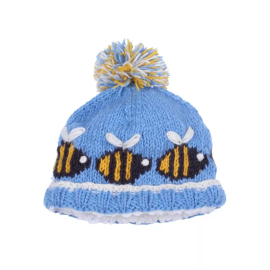 Knitted blue beanie with a blue, white and yellow tassle bobble. Knitted bees with white wings.
