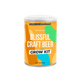 Blissful Craft Beer Grow Kit Tin reads: 'Warning: Local Brewers Beware! Open and Water. Blissful Craft Beer Grow Kit. Beer Hop Seeds'