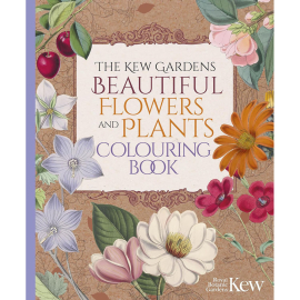 The Kew Gardens Beautiful Flowers and Plants Colouring Book cover with plant illustrations surrounding text.
