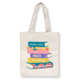 Front view of the tote bag with colourful Kew published books stacked