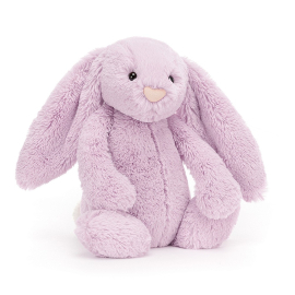 Lilac fluffy bunny with two floppy ears and bead eyes.