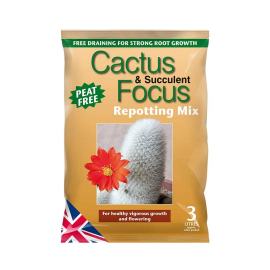Cactus and Succulent Focus Repotting Mix, Peat Free. Packet reads: Free draining for strong root growth. For healthy vigorous growth and flowering.