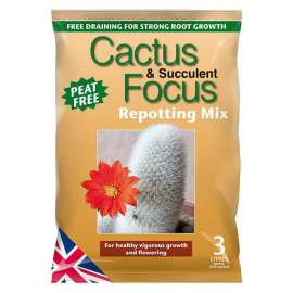 Cactus and Succulent Focus Repotting Mix, Peat Free. Packet reads: Free draining for strong root growth. For healthy vigorous growth and flowering.
