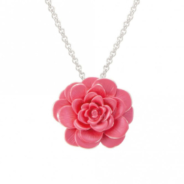 Pink Camellia pendant on silver plated chain