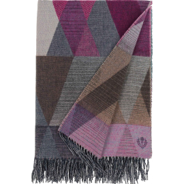 Fraas Cashmink Blanket folded in a rectangle, featuring a triangle-shape design in the tones of purple and greys.