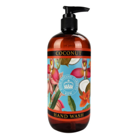 An image of the Coconut Hand Wash with a Light Blue label with images of coconut, pink flowers and olive green  leaves.